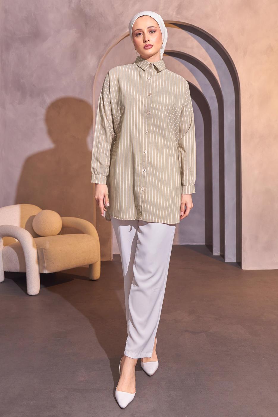 Tesettür giyim BEJ ÇİZGİLİ GÖMLEK TUNİK T 4414
