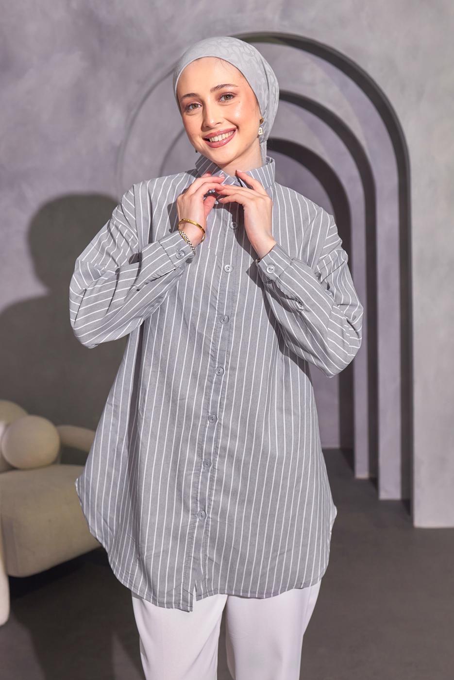 Tesettür giyim GRİ ÇİZGİLİ GÖMLEK TUNİK T 4414