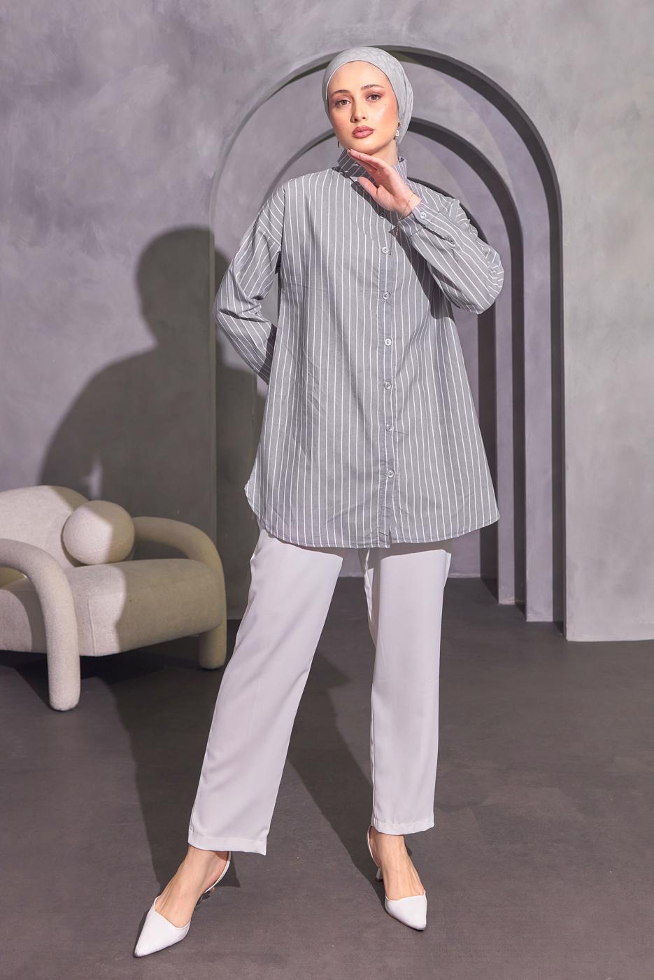Tesettür giyim GRİ ÇİZGİLİ GÖMLEK TUNİK T 4414