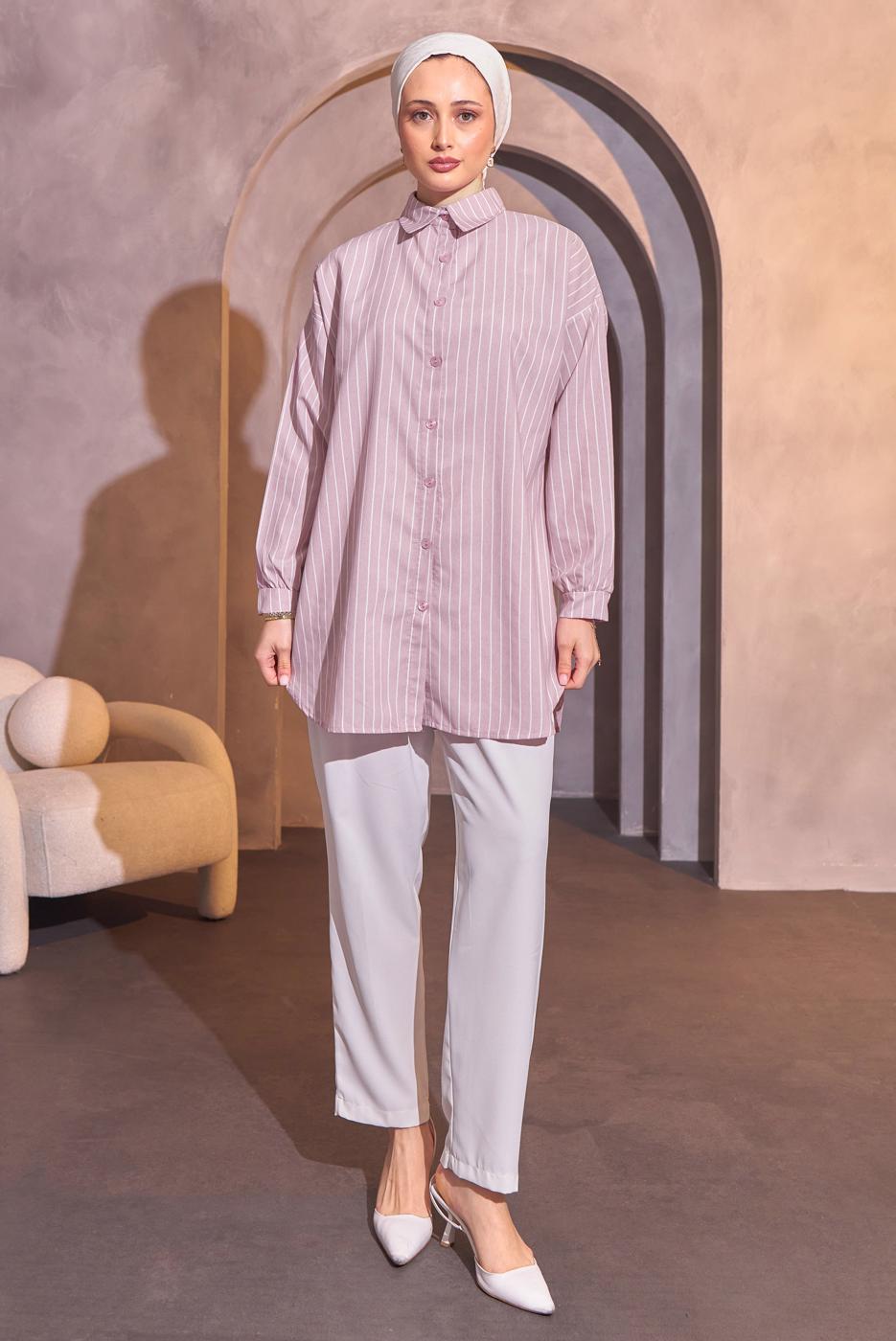 Tesettür giyim MOR ÇİZGİLİ GÖMLEK TUNİK T 4414