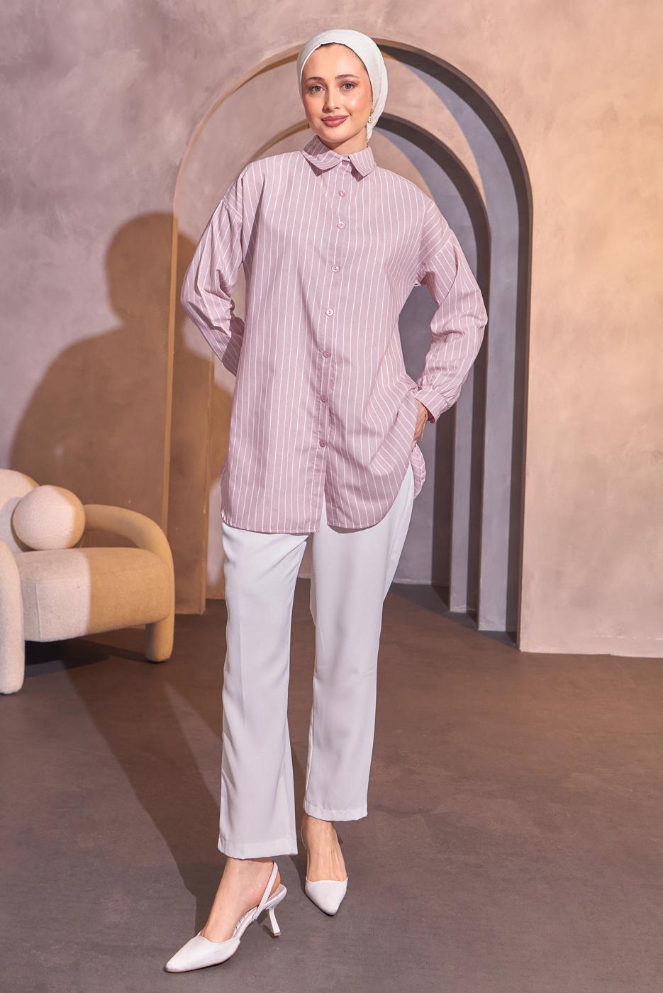 Tesettür giyim MOR ÇİZGİLİ GÖMLEK TUNİK T 4414