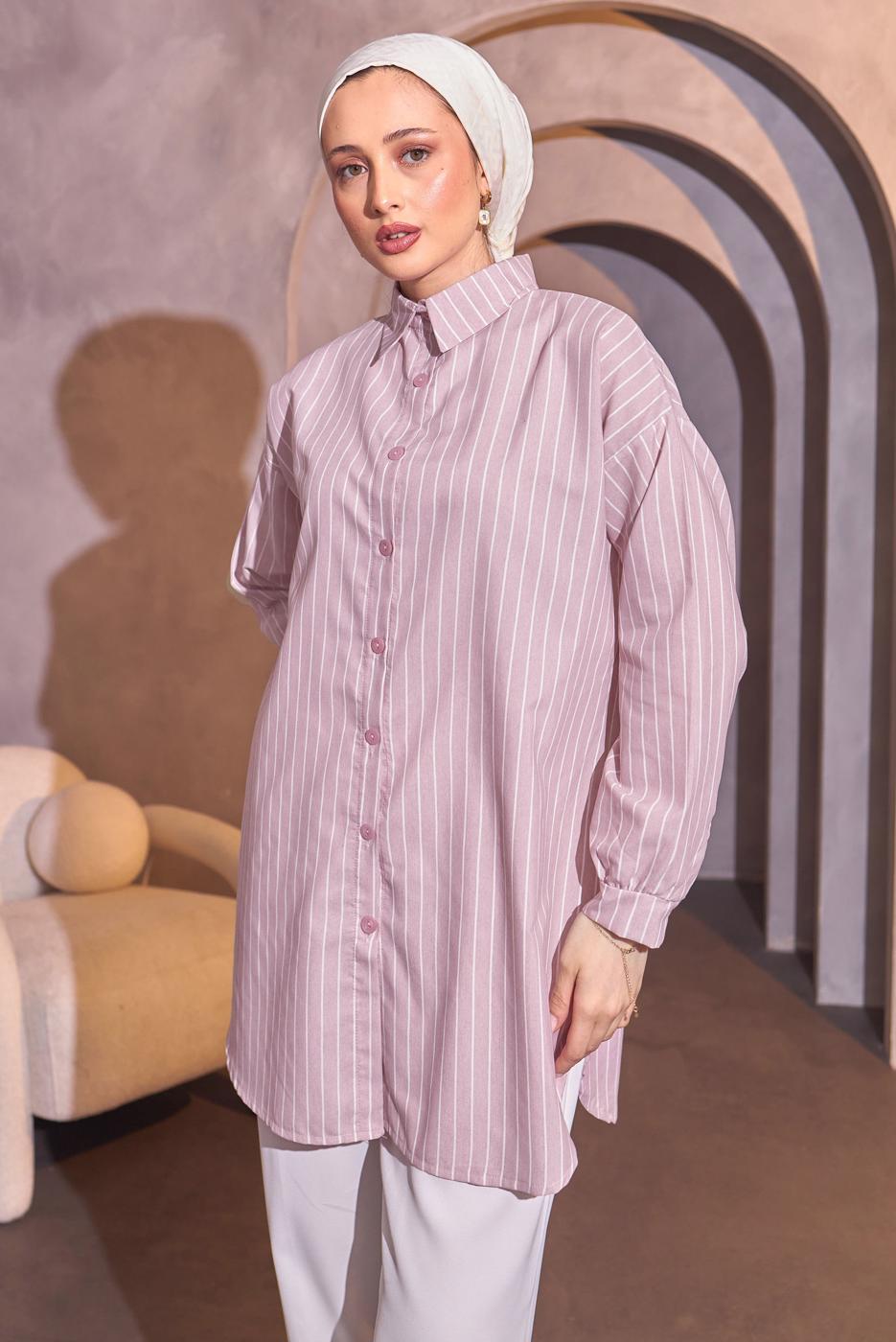 Tesettür giyim MOR ÇİZGİLİ GÖMLEK TUNİK T 4414