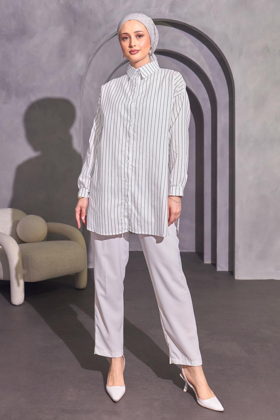 Tesettür giyim EKRU ÇİZGİLİ GÖMLEK TUNİK T 4414