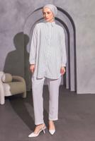 Tesettür giyim EKRU ÇİZGİLİ GÖMLEK TUNİK T 4414