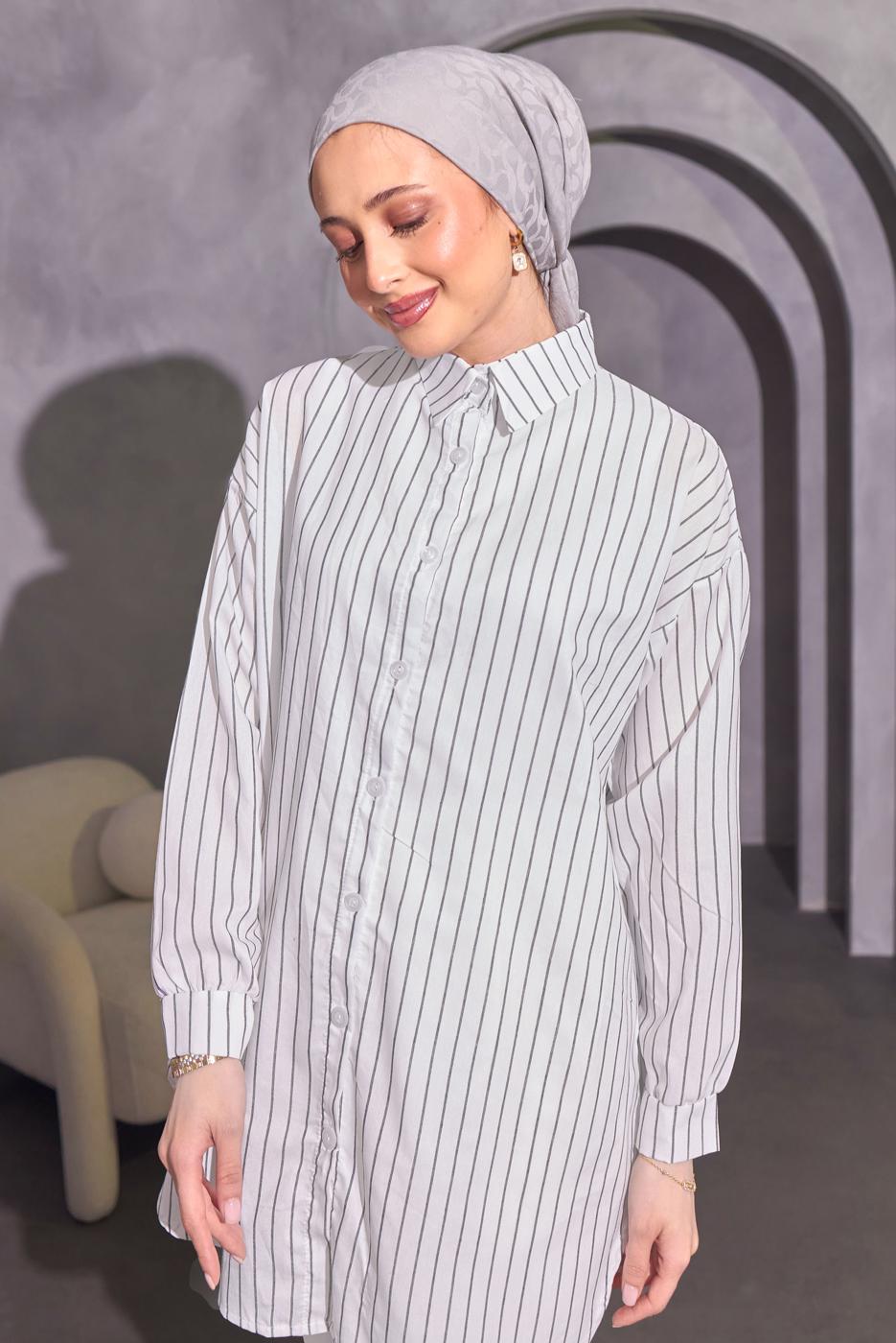 Tesettür giyim EKRU ÇİZGİLİ GÖMLEK TUNİK T 4414