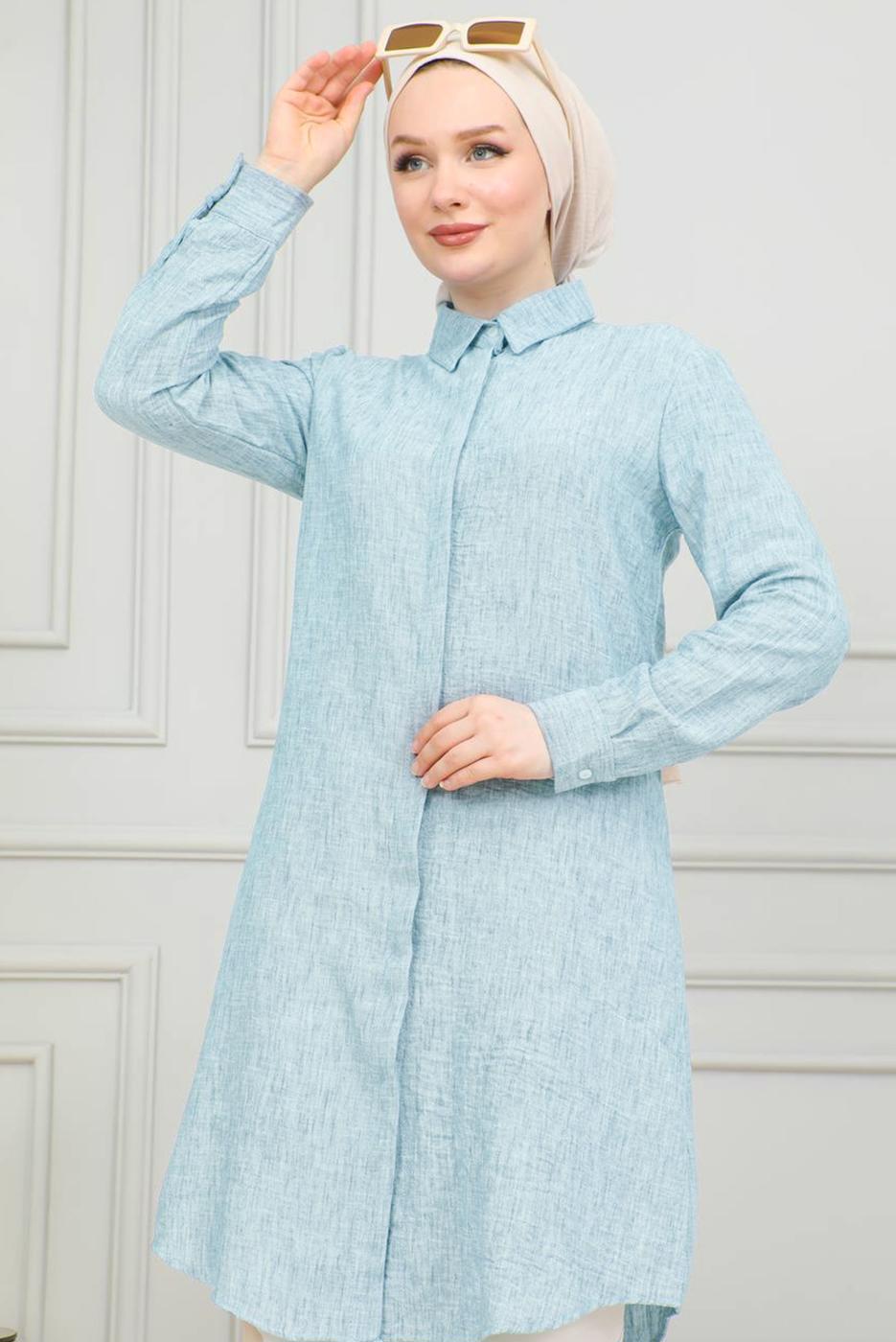 Tesettür giyim MAVİ PAMUKLU UZUN TESETTÜR TUNİK T 4659