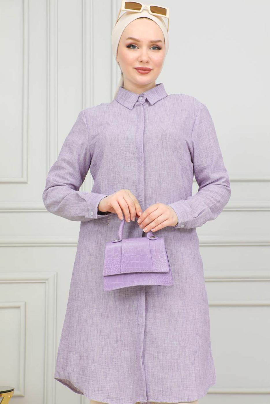 Tesettür giyim MOR PAMUKLU UZUN TESETTÜR TUNİK T 4659