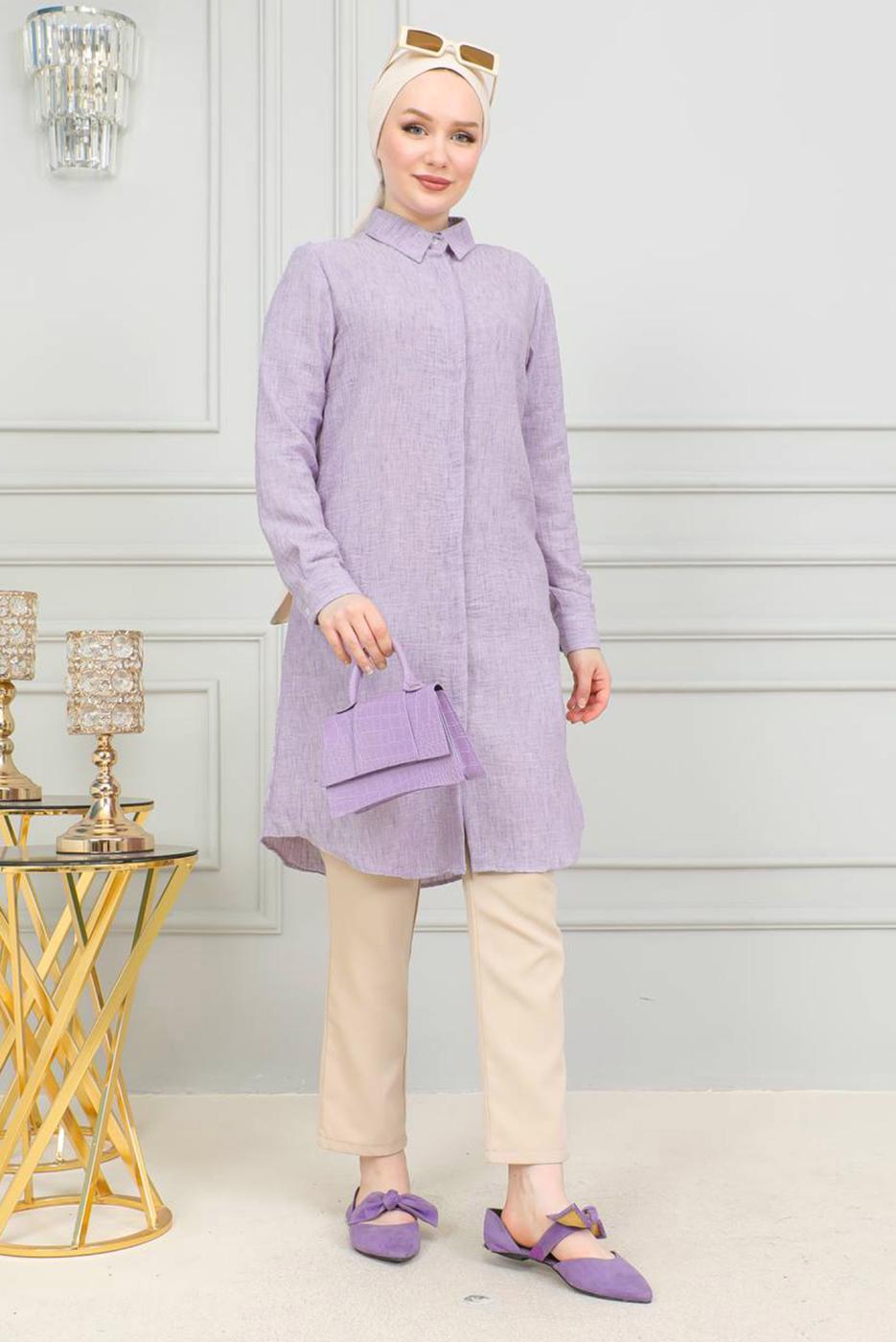 Tesettür giyim MOR PAMUKLU UZUN TESETTÜR TUNİK T 4659