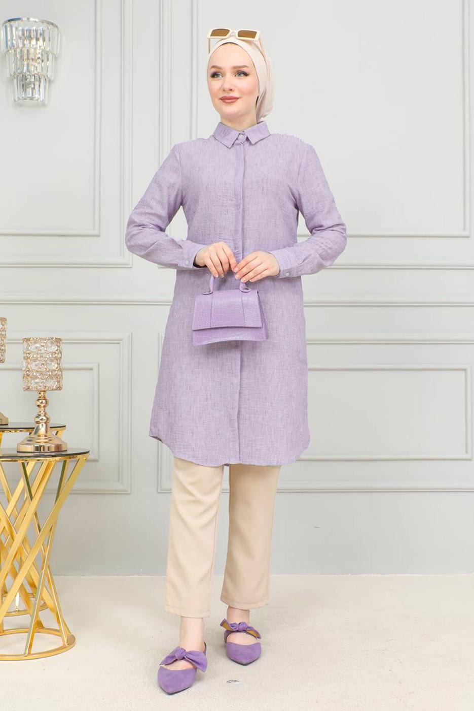 Tesettür giyim MOR PAMUKLU UZUN TESETTÜR TUNİK T 4659