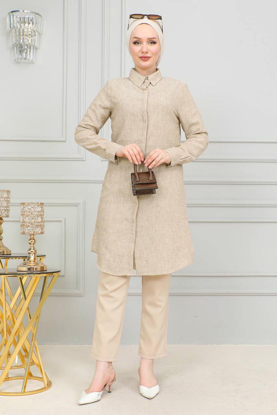 Tesettür giyim VİZON PAMUKLU UZUN TESETTÜR TUNİK T 4659