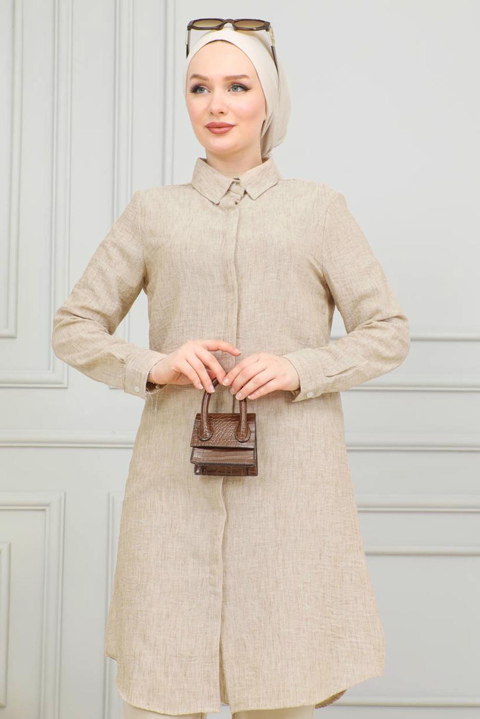 Tesettür giyim VİZON PAMUKLU UZUN TESETTÜR TUNİK T 4659