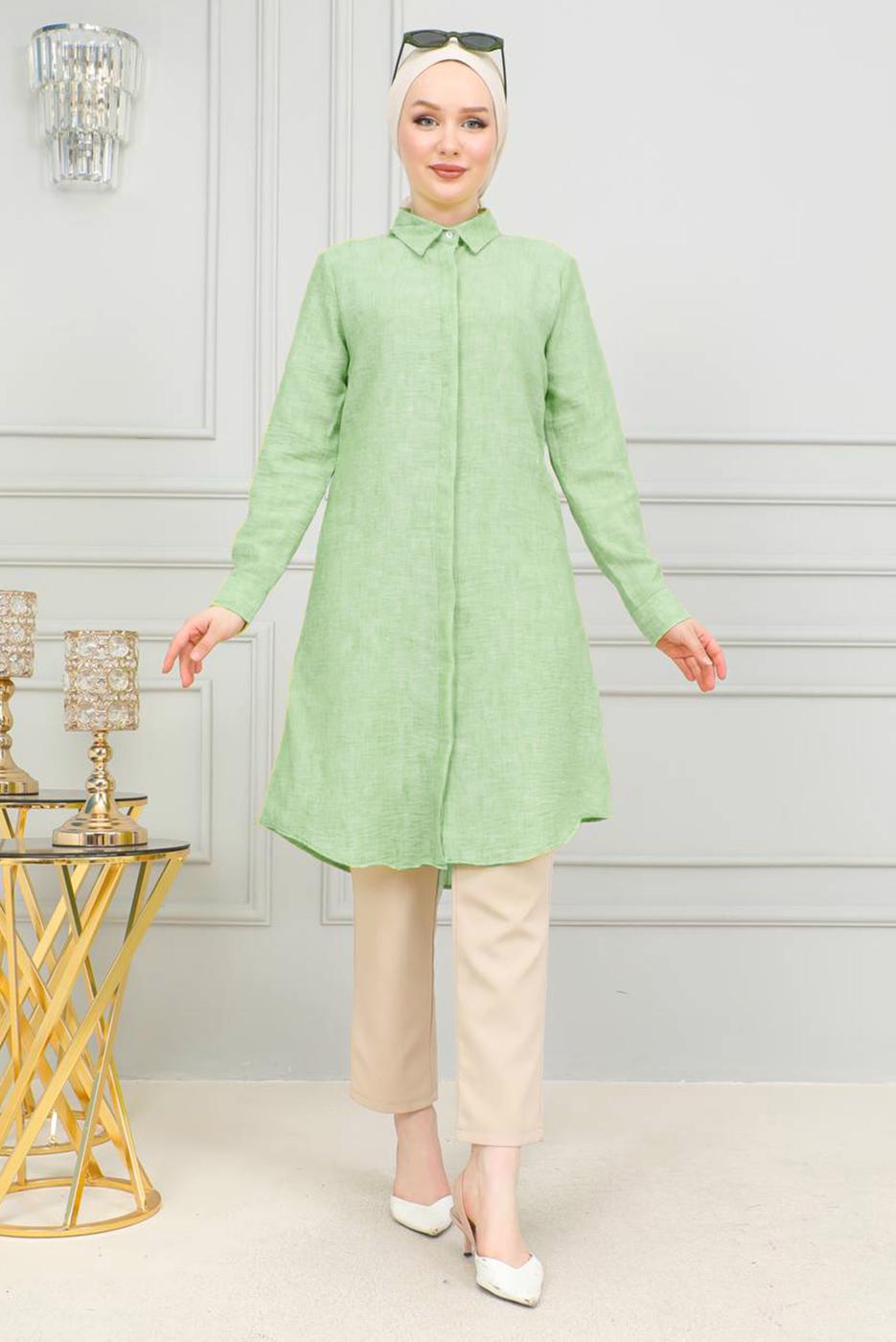 Tesettür giyim YEŞİL PAMUKLU UZUN TESETTÜR TUNİK T 4659