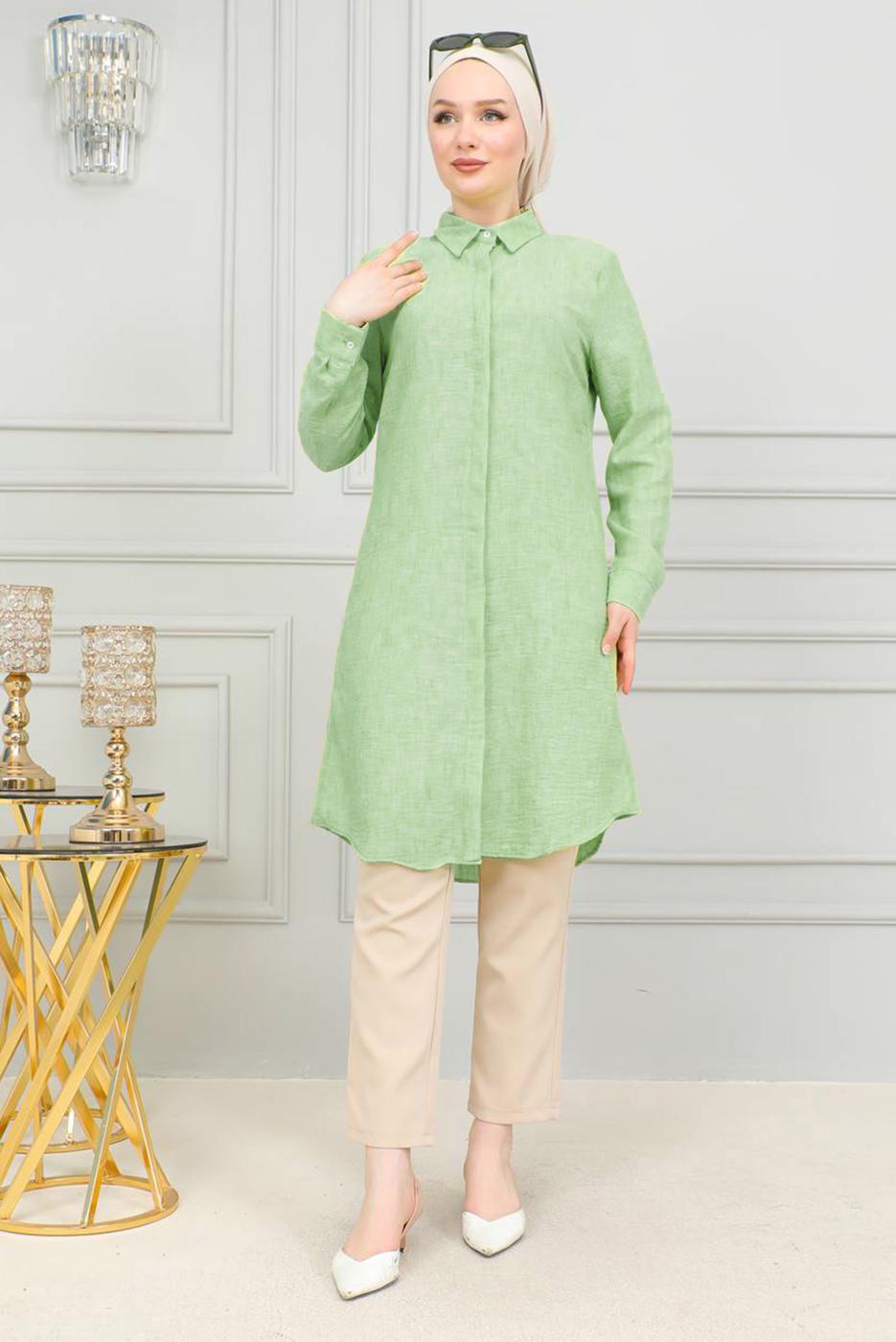 Tesettür giyim YEŞİL PAMUKLU UZUN TESETTÜR TUNİK T 4659