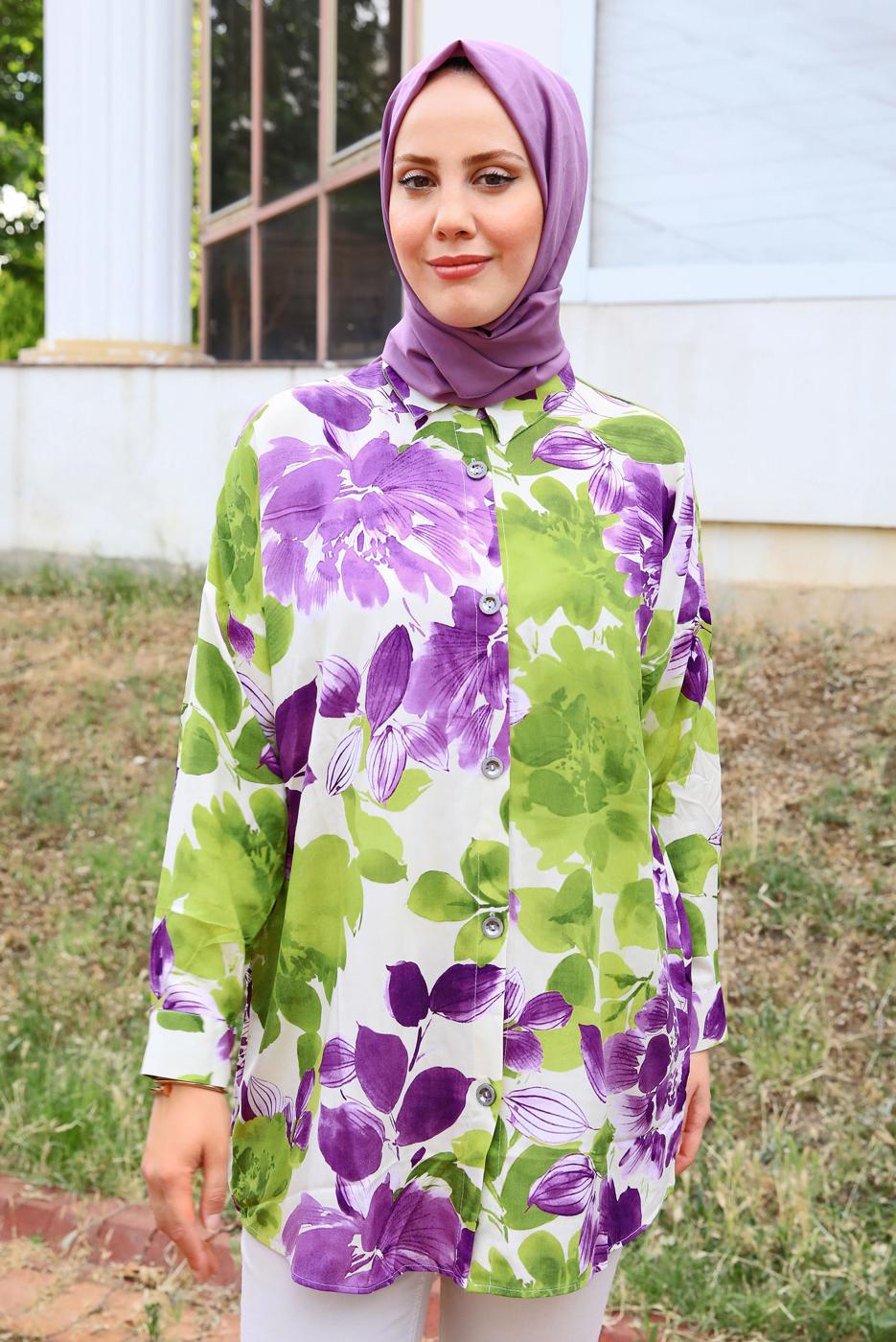 Tesettür giyim YEŞİL DESENLİ PAMUKLU TUNİK T 4731