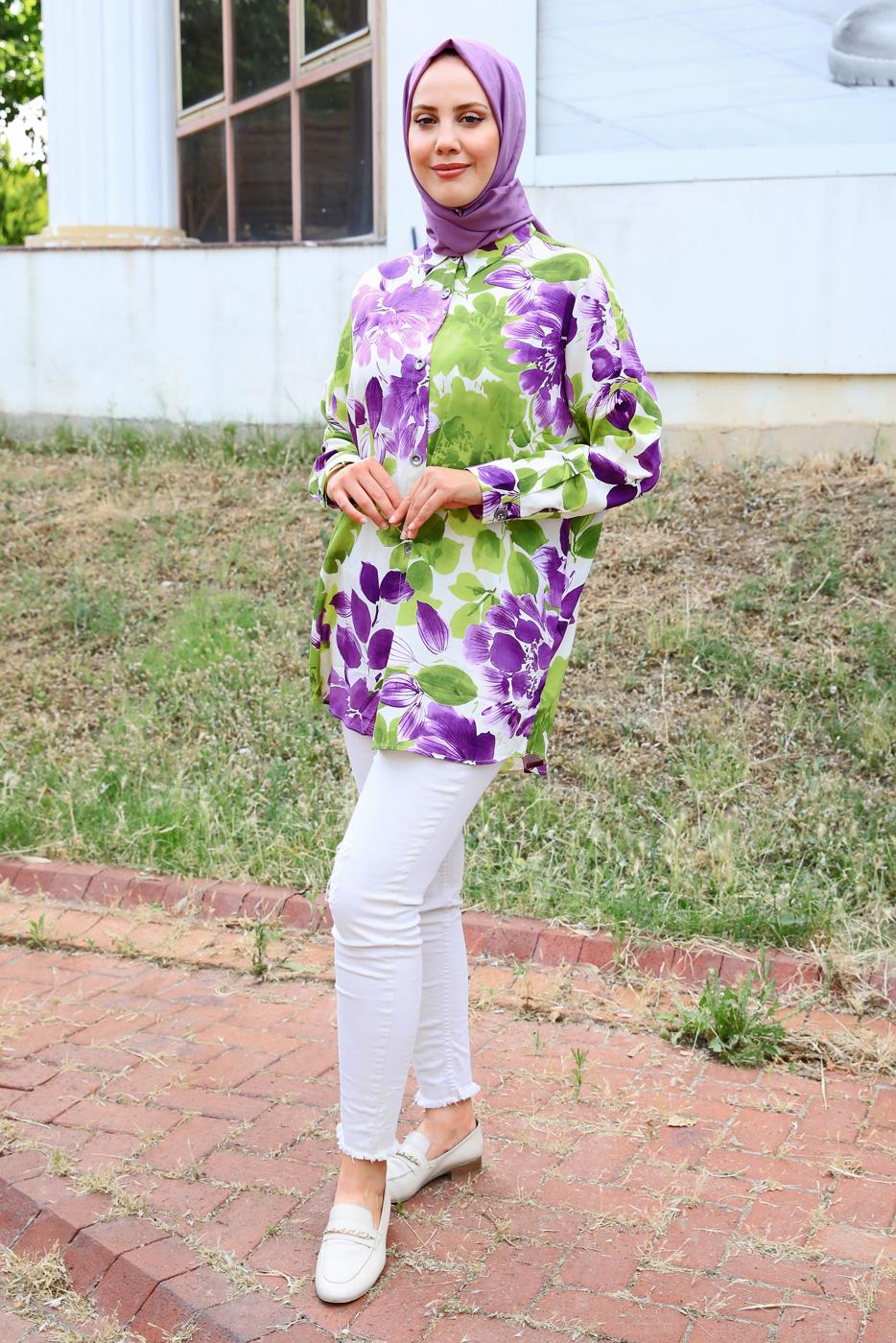 Tesettür giyim YEŞİL DESENLİ PAMUKLU TUNİK T 4731