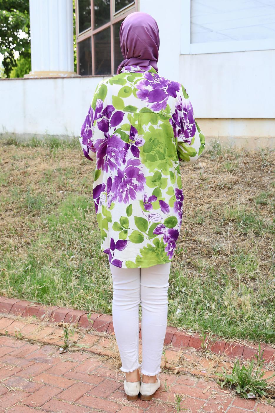 Tesettür giyim YEŞİL DESENLİ PAMUKLU TUNİK T 4731