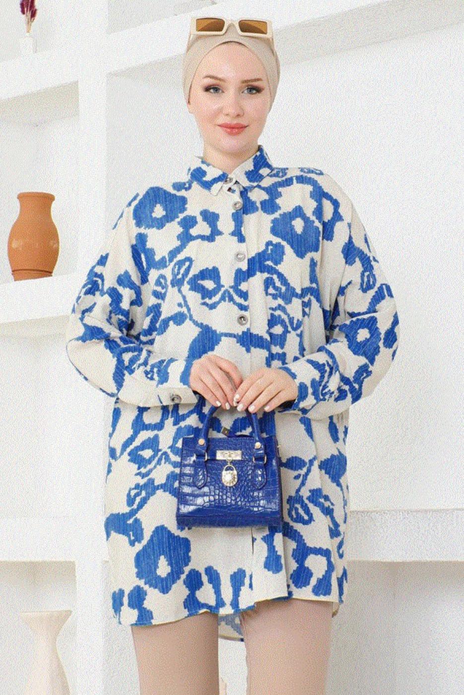 Tesettür giyim MAVİ DESENLİ PAMUKLU TUNİK T 4831