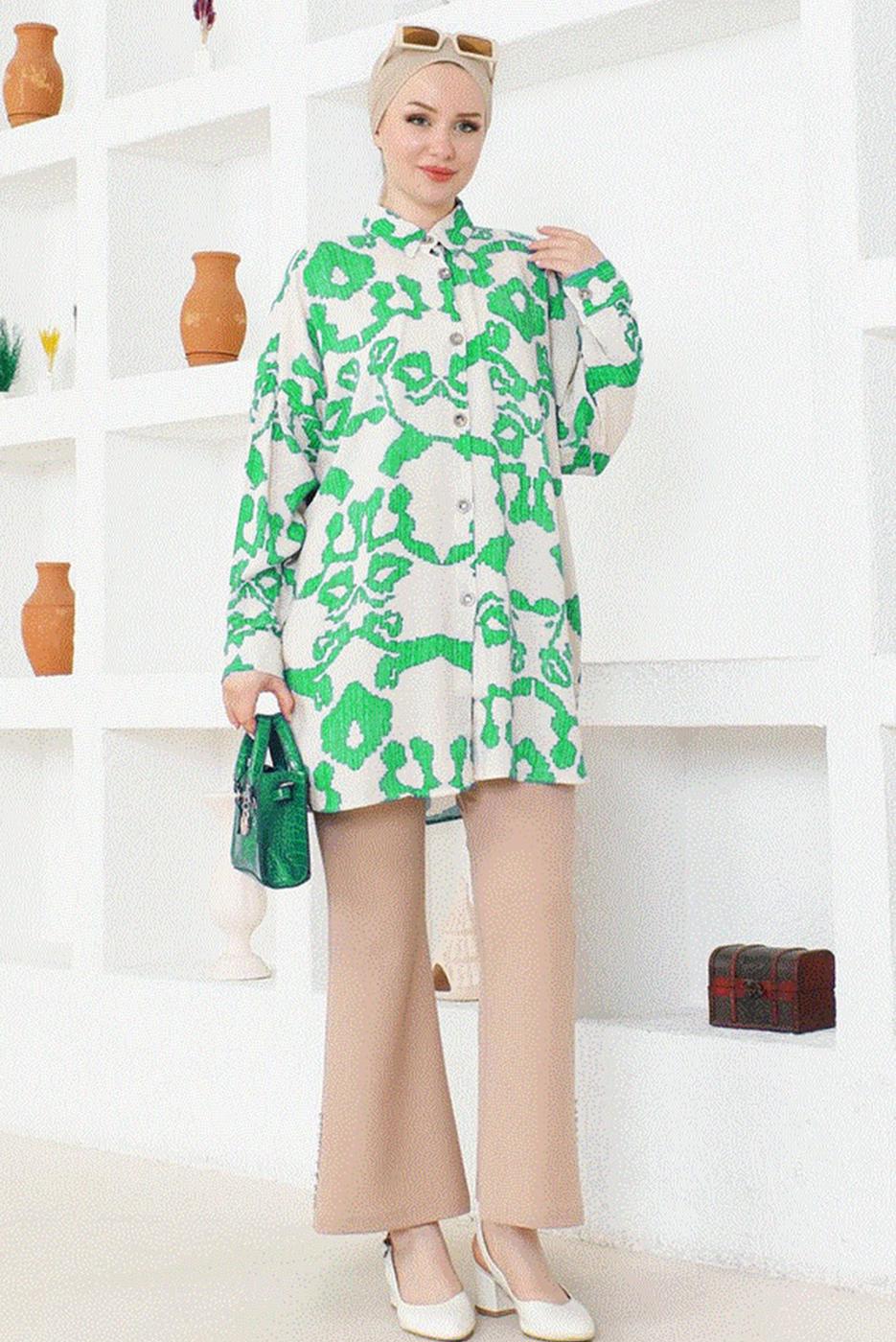 Tesettür giyim YEŞİL DESENLİ PAMUKLU TUNİK T 4831