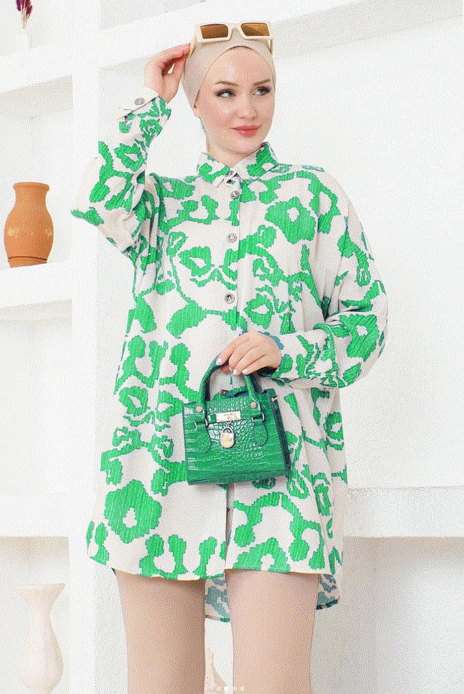 Tesettür giyim YEŞİL DESENLİ PAMUKLU TUNİK T 4831