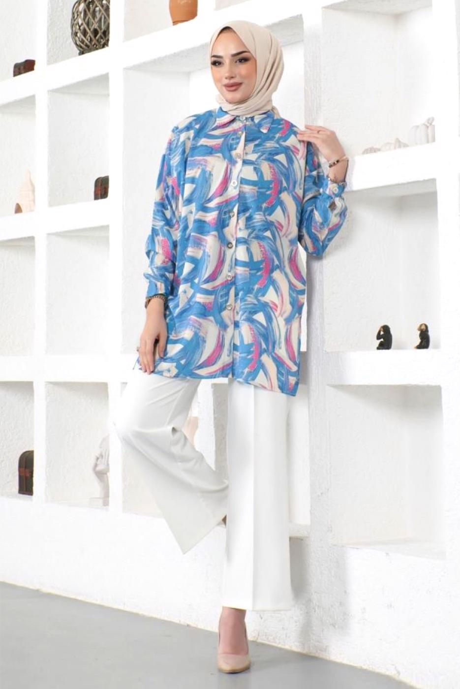 Tesettür giyim MAVİ DESENLİ GÖMLEK TUNİK T 4888