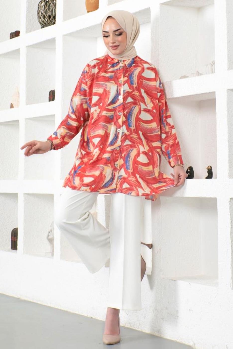 Tesettür giyim KIRMIZI DESENLİ GÖMLEK TUNİK T 4888