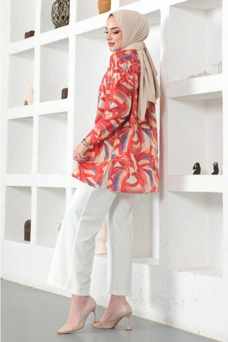 Tesettür giyim KIRMIZI DESENLİ GÖMLEK TUNİK T 4888
