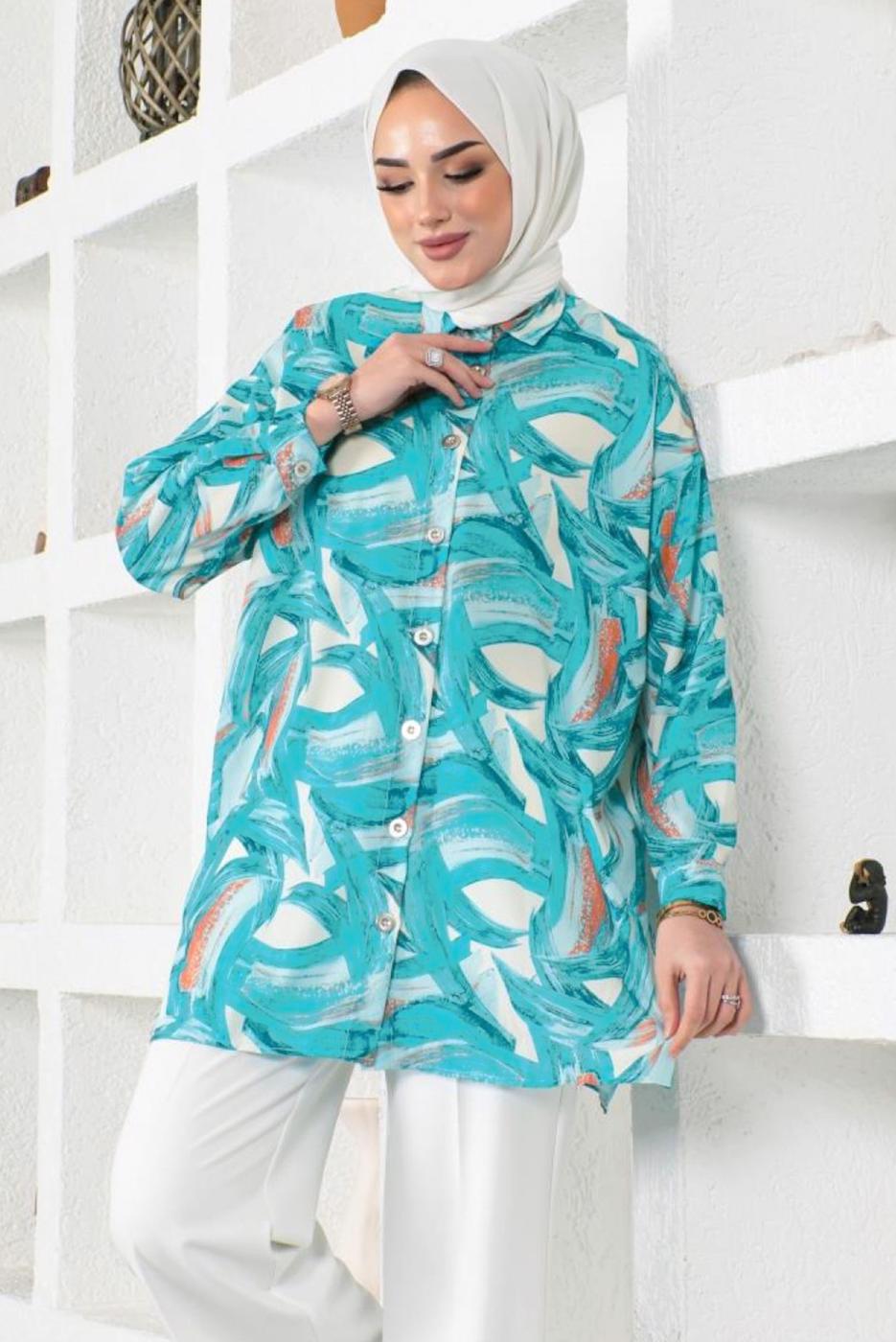 Tesettür giyim MAVİ DESENLİ GÖMLEK TUNİK T 4888