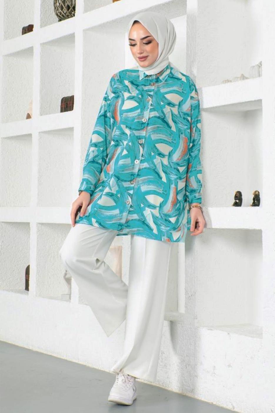 Tesettür giyim MAVİ DESENLİ GÖMLEK TUNİK T 4888