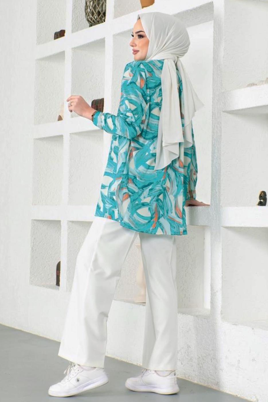 Tesettür giyim MAVİ DESENLİ GÖMLEK TUNİK T 4888