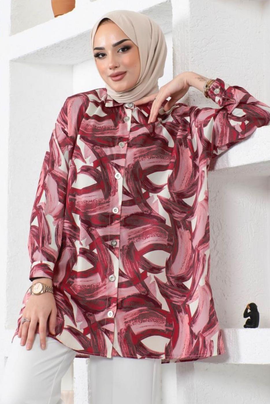 Tesettür giyim BORDO DESENLİ GÖMLEK TUNİK T 4888