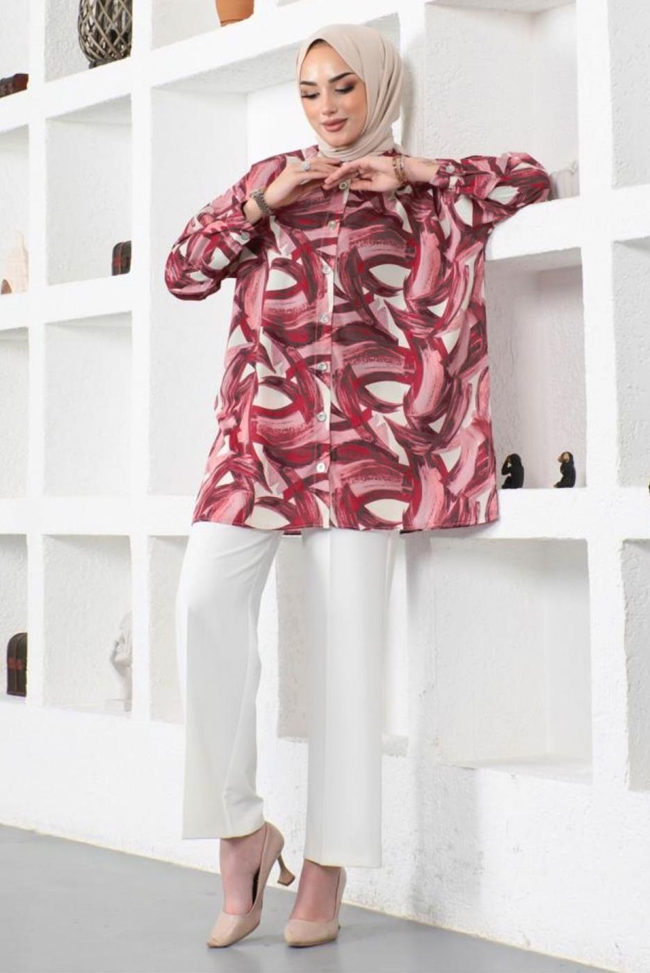 Tesettür giyim BORDO DESENLİ GÖMLEK TUNİK T 4888
