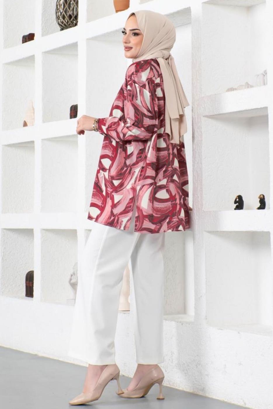 Tesettür giyim BORDO DESENLİ GÖMLEK TUNİK T 4888