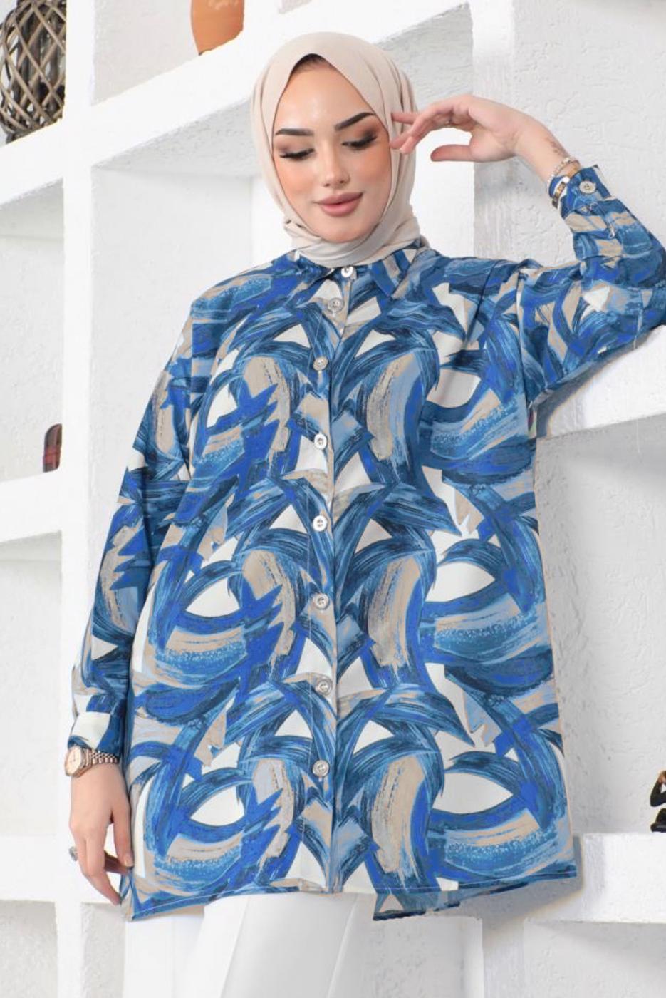 Tesettür giyim LACİVERT DESENLİ GÖMLEK TUNİK T 4888