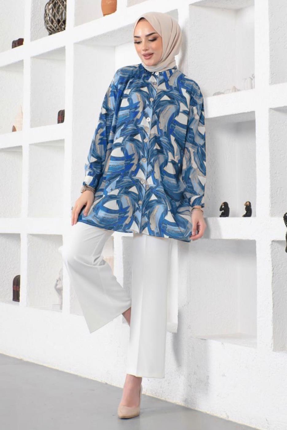 Tesettür giyim LACİVERT DESENLİ GÖMLEK TUNİK T 4888
