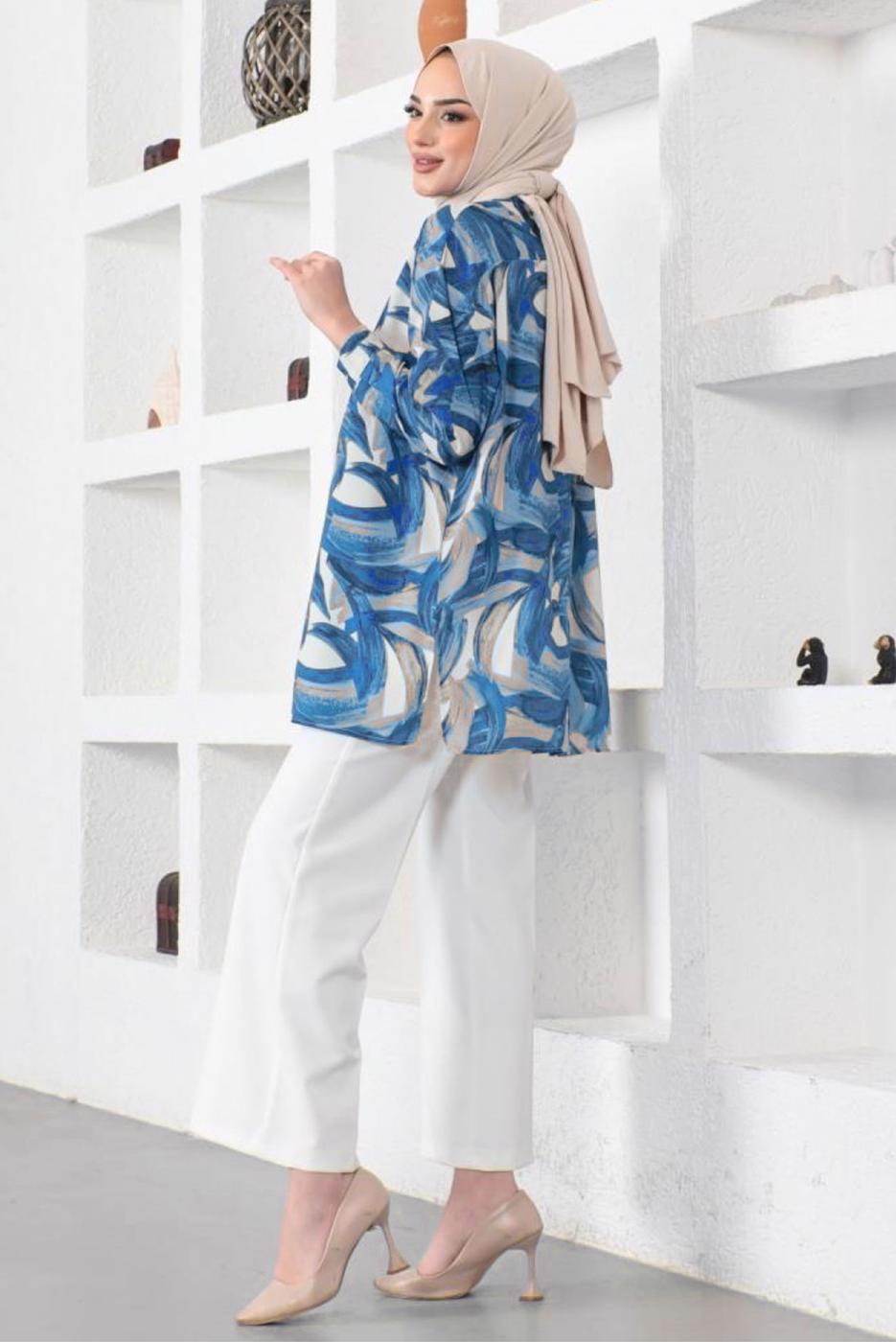 Tesettür giyim LACİVERT DESENLİ GÖMLEK TUNİK T 4888