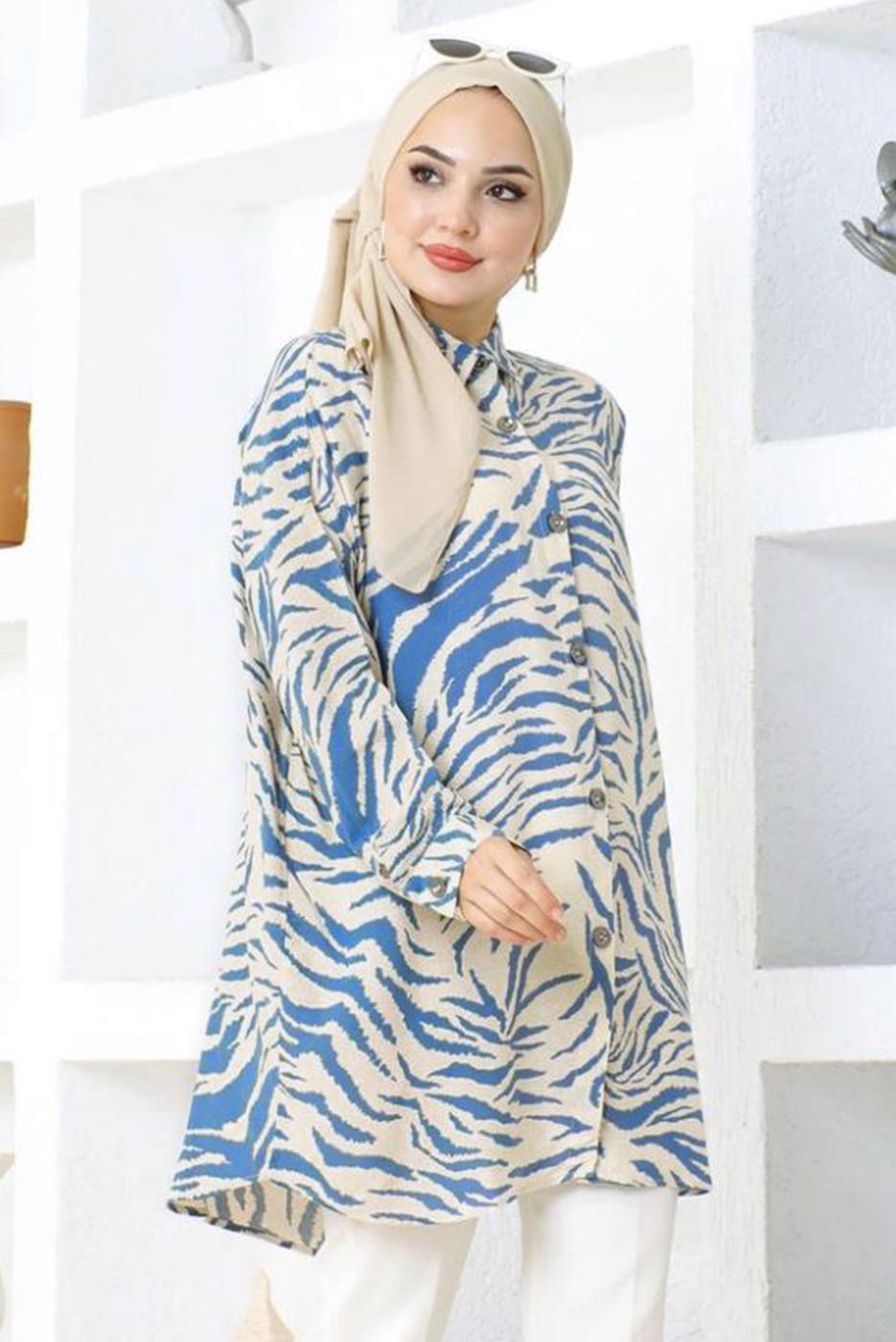 Tesettür giyim LACİVERT ZEBRA DESENLİ PAMUKLU TUNİK T 5210