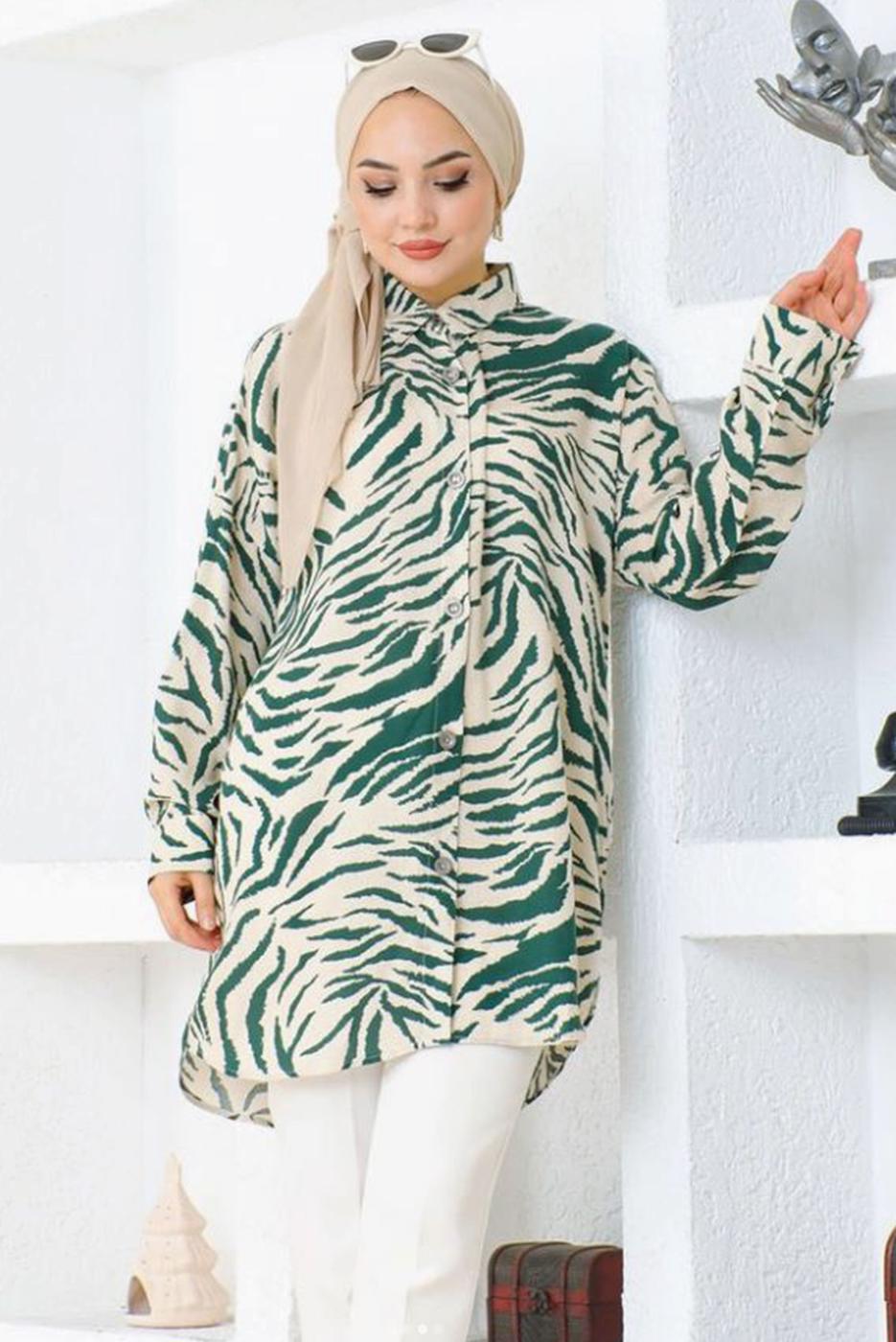 Tesettür giyim YEŞİL ZEBRA DESENLİ PAMUKLU TUNİK T 5210