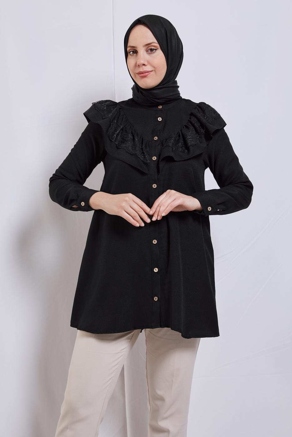 Tesettür giyim SİYAH FIRFIR DETAYLI TUNİK T 5347