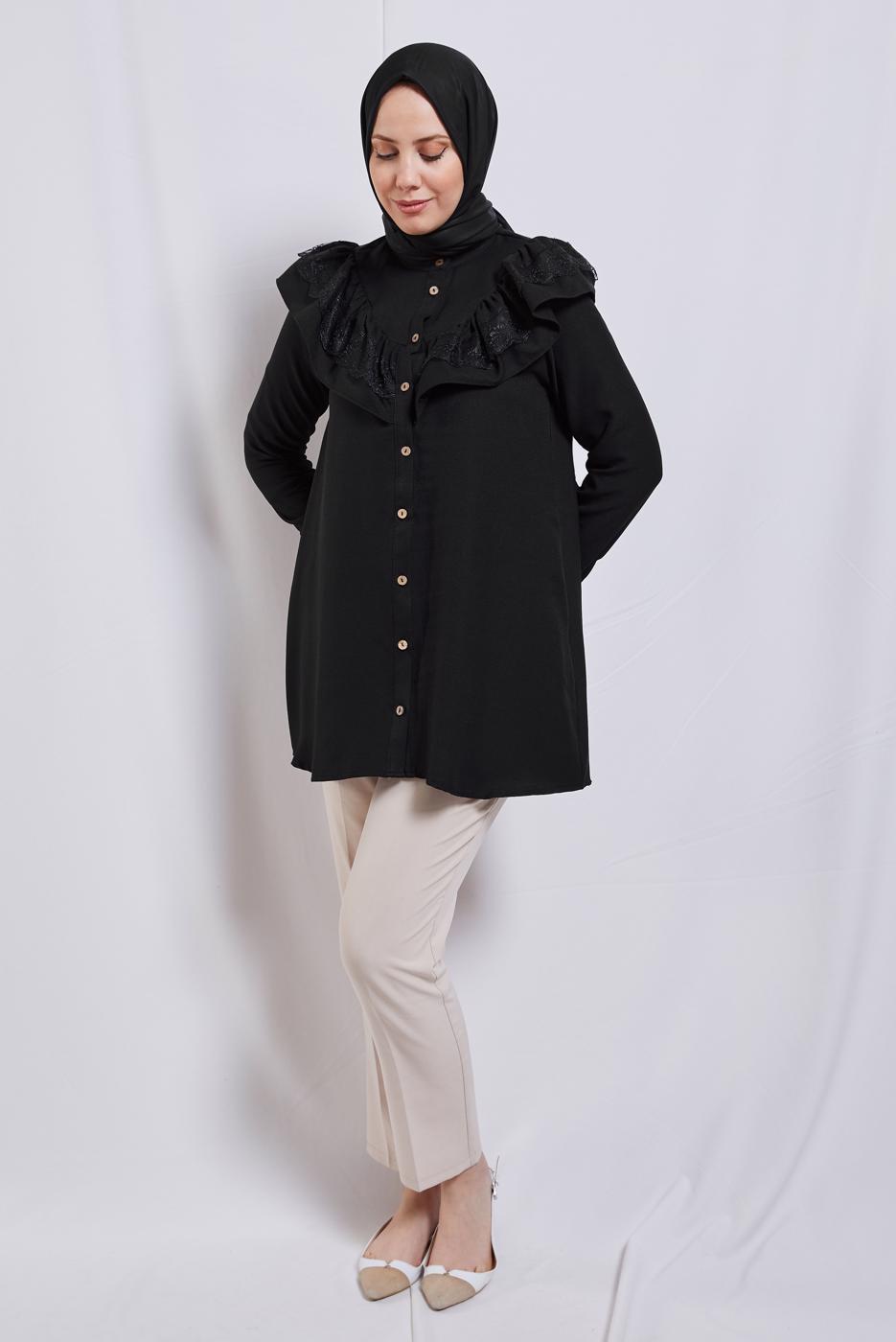 Tesettür giyim SİYAH FIRFIR DETAYLI TUNİK T 5347