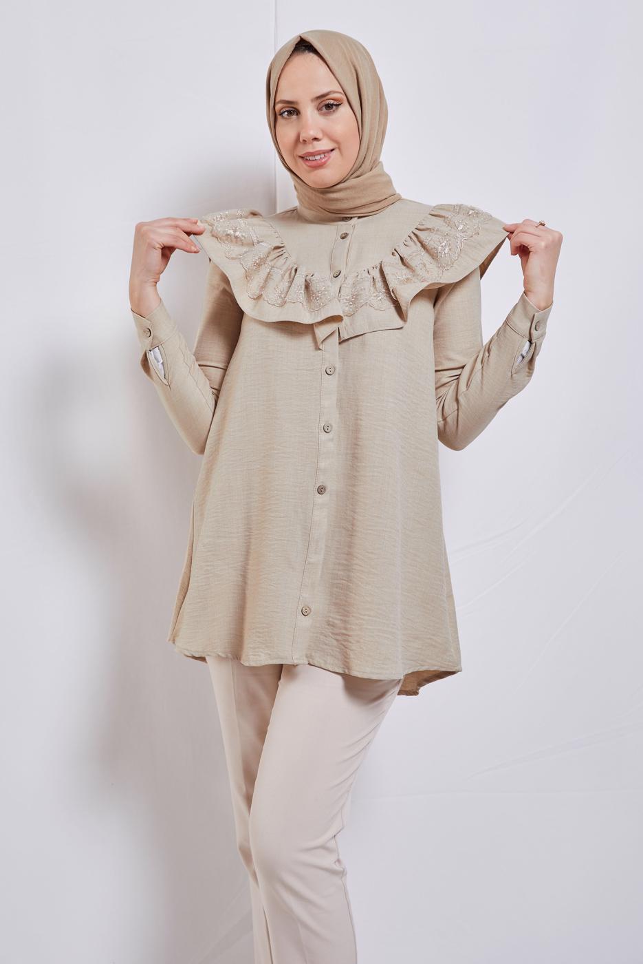 Tesettür giyim BEJ FIRFIR DETAYLI TUNİK T 5347