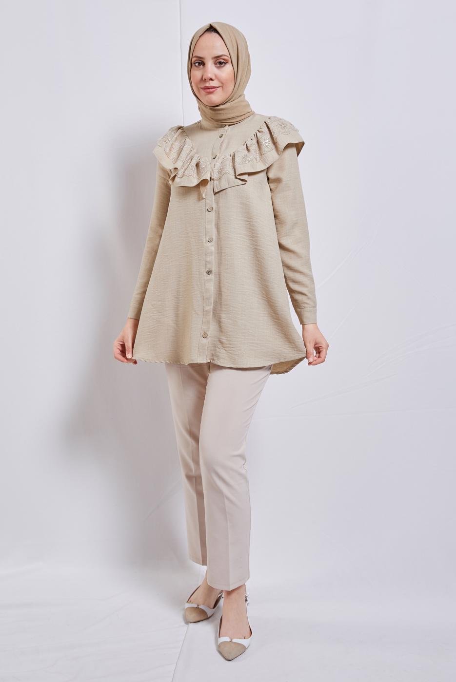 Tesettür giyim BEJ FIRFIR DETAYLI TUNİK T 5347