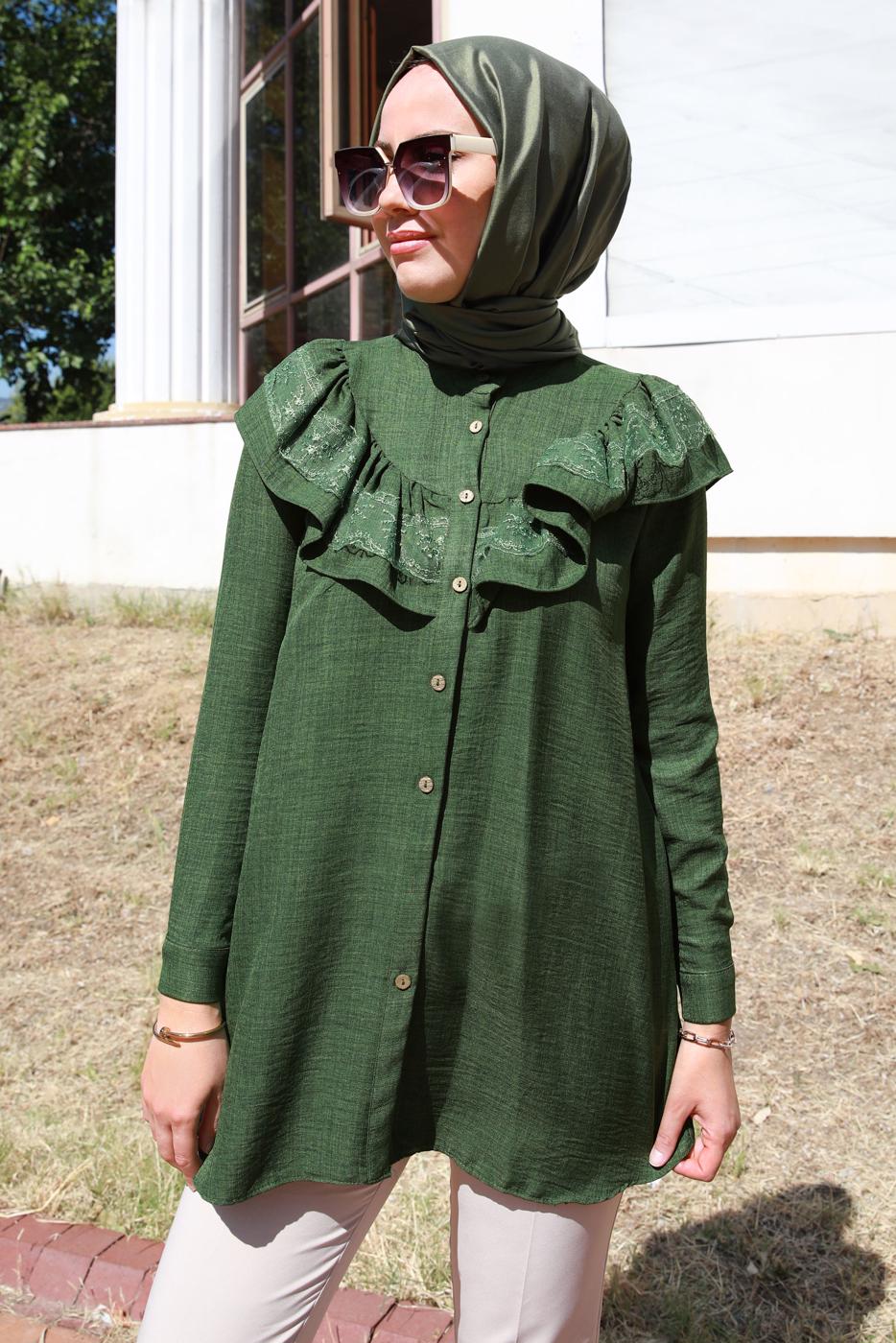 Tesettür giyim HAKİ FIRFIR DETAYLI TUNİK T 5347