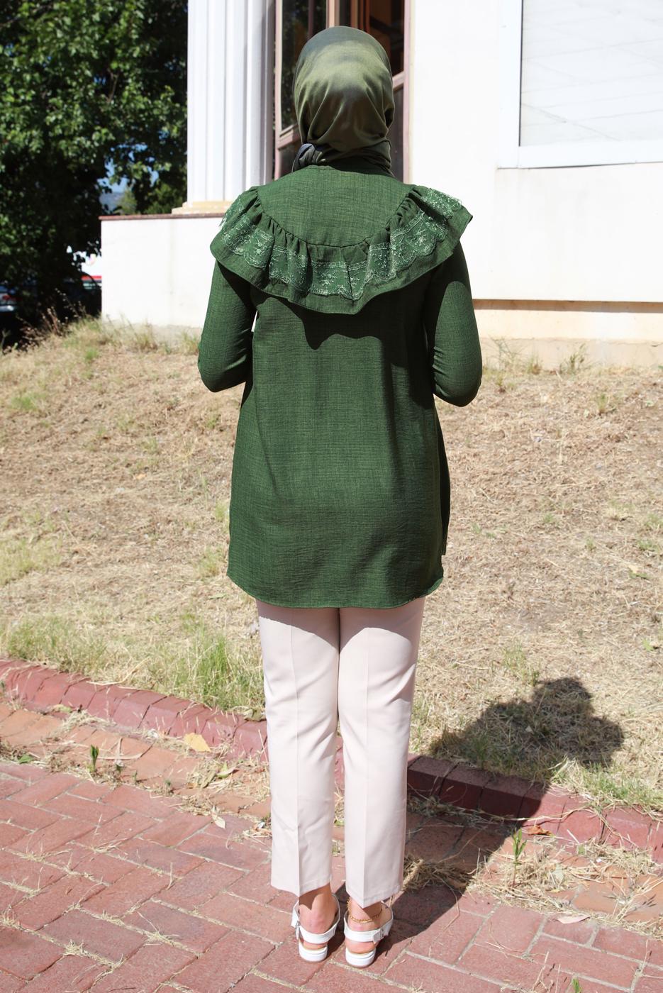 Tesettür giyim HAKİ FIRFIR DETAYLI TUNİK T 5347