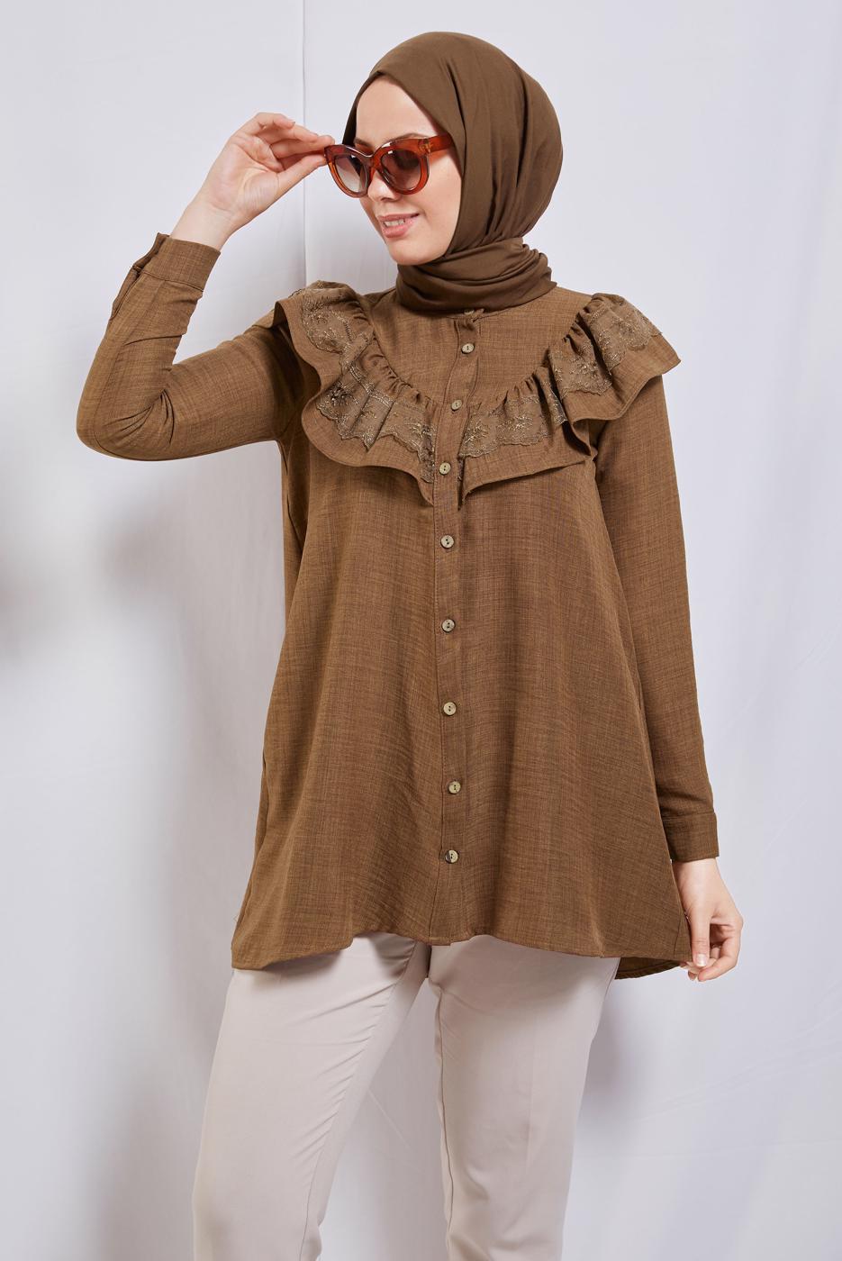 Tesettür giyim KAHVE FIRFIR DETAYLI TUNİK T 5347