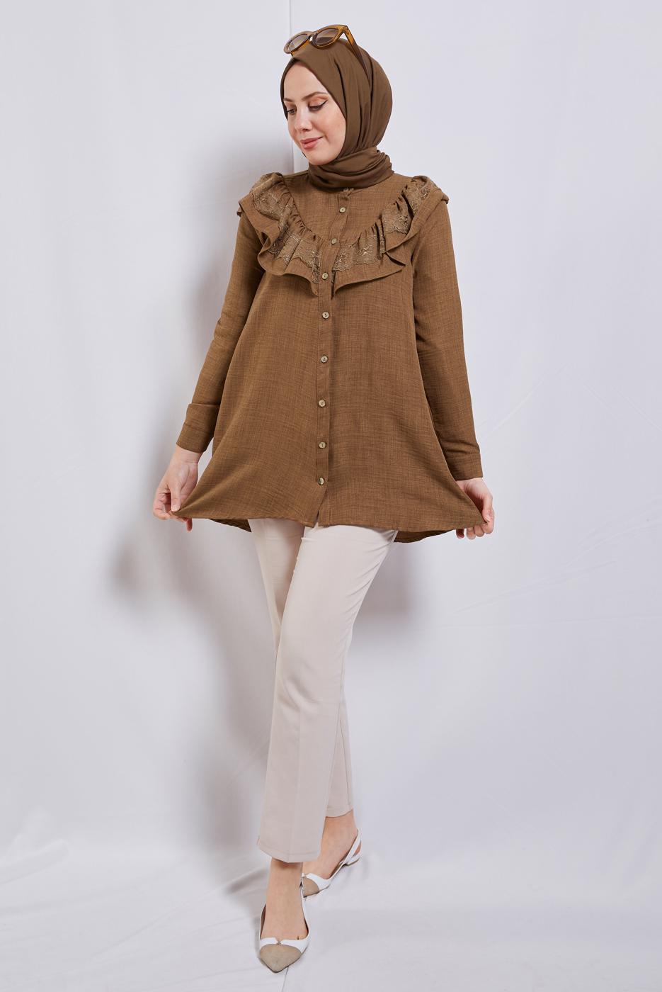 Tesettür giyim KAHVE FIRFIR DETAYLI TUNİK T 5347