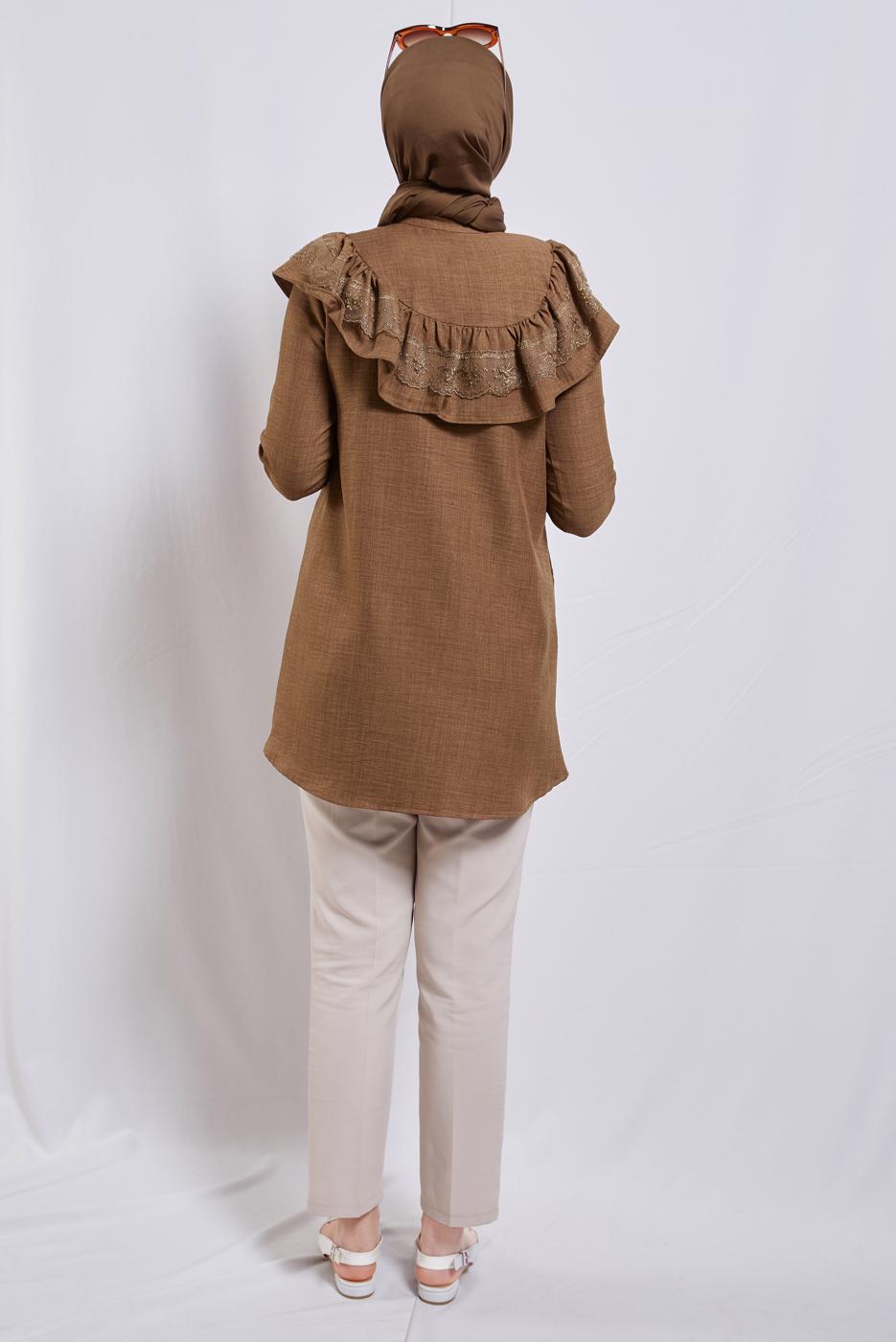 Tesettür giyim KAHVE FIRFIR DETAYLI TUNİK T 5347