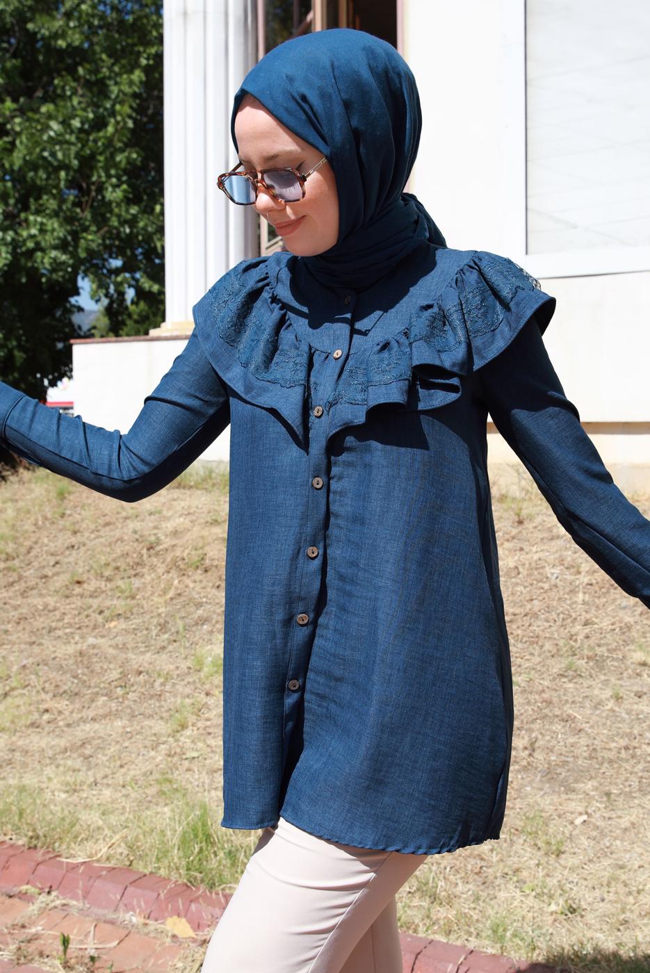 Tesettür giyim LACİVERT FIRFIR DETAYLI TUNİK T 5347