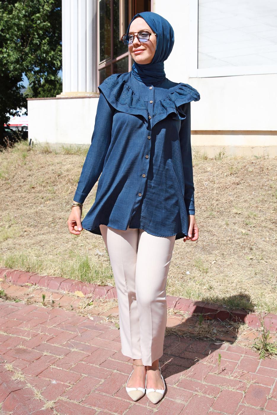 Tesettür giyim LACİVERT FIRFIR DETAYLI TUNİK T 5347