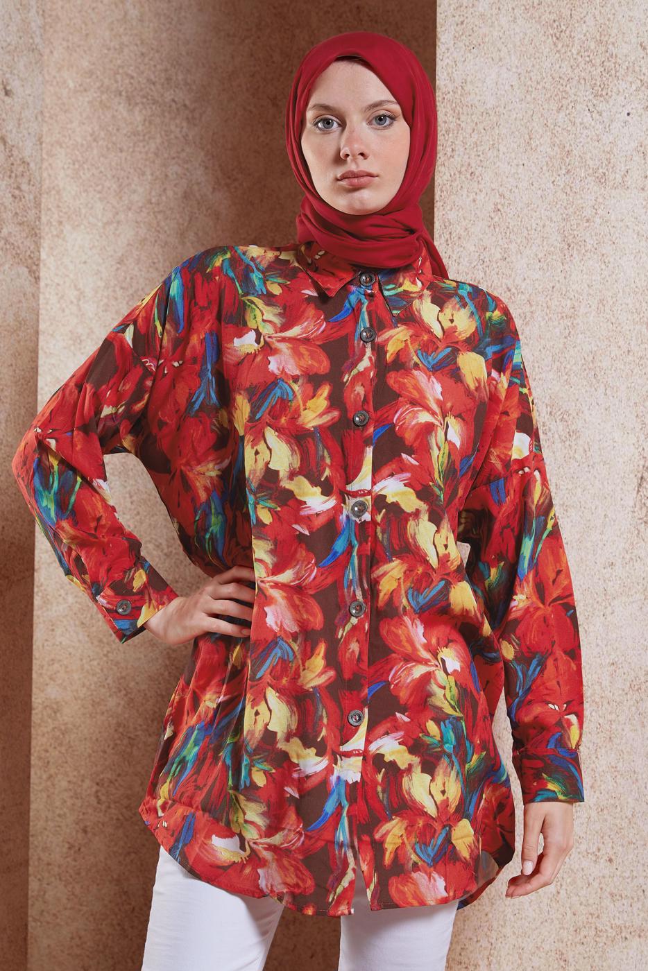 Tesettür giyim KIRMIZI DESENLİ PAMUKLU TESETTÜR TUNİK T 5362