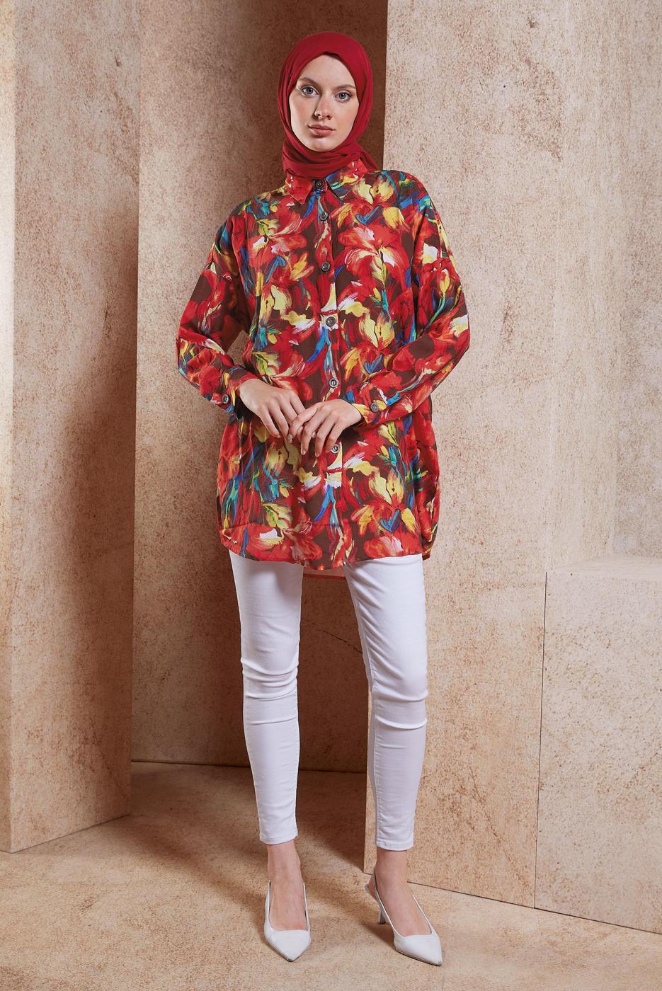 Tesettür giyim KIRMIZI DESENLİ PAMUKLU TESETTÜR TUNİK T 5362